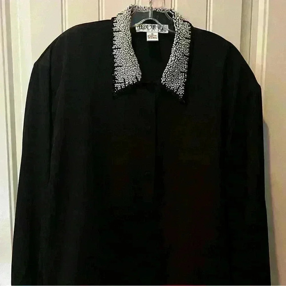 Harbour Vue Black Dress Shirt Size 40 Pearl Collar Stunning Holiday Party Chic - Picture 1 of 10